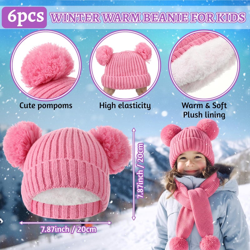ShinyMatch 18 Pcs Kids Hat Gloves Scarf Winter Set, 6 Color for 5-10 Girl Boy Knit Beanie with Pom Fleece Neck Warmer Mittens(Purple, Blue, Beige, Pink, White, Gray) - Image 2