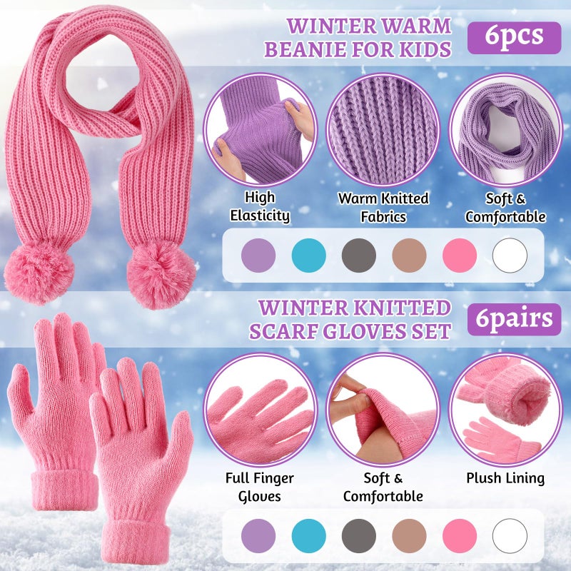 ShinyMatch 18 Pcs Kids Hat Gloves Scarf Winter Set, 6 Color for 5-10 Girl Boy Knit Beanie with Pom Fleece Neck Warmer Mittens(Purple, Blue, Beige, Pink, White, Gray) - Image 3