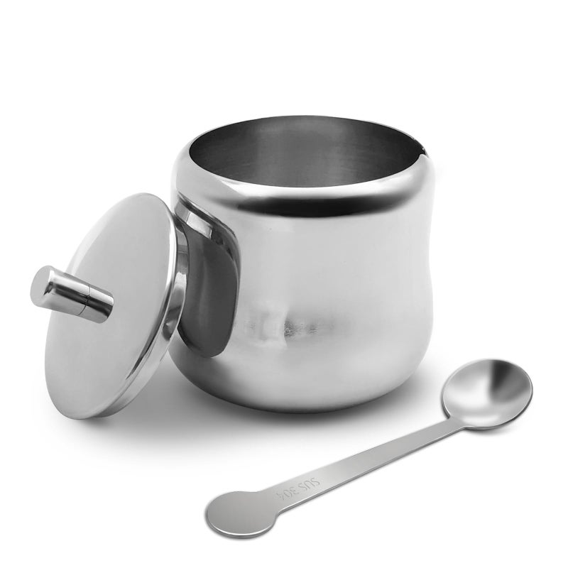 XHKDSYMC Stainless Steel Sugar Bowl 10 OZ 300 ml with Lid and Spoon Silver Round Geometric Pattern Durable Rust Resistant Dishwasher Safe Home and Kitchen Storage