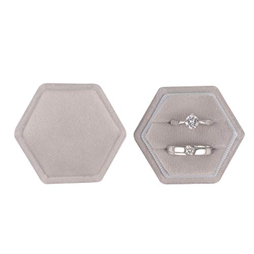 DesignSter Velvet Ring Box Hexagon - Premium Gorgeous Vintage Double Ring Display Holder with Detachable Lid for Proposal, Engagement, Wedding, Ceremony (Gray) - Image 2