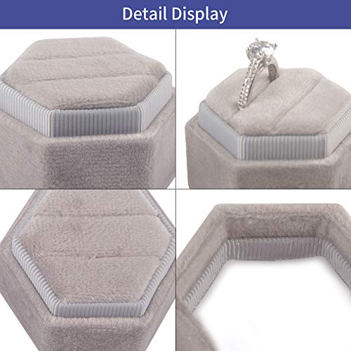 DesignSter Velvet Ring Box Hexagon - Premium Gorgeous Vintage Double Ring Display Holder with Detachable Lid for Proposal, Engagement, Wedding, Ceremony (Gray) - Image 4