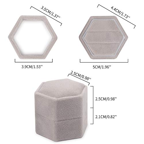 DesignSter Velvet Ring Box Hexagon - Premium Gorgeous Vintage Double Ring Display Holder with Detachable Lid for Proposal, Engagement, Wedding, Ceremony (Gray) - Image 3