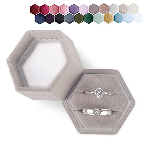 DesignSter Velvet Ring Box Hexagon - Premium Gorgeous Vintage Double Ring Display Holder with Detachable Lid for Proposal, Engagement, Wedding, Ceremony (Gray) - Image 1