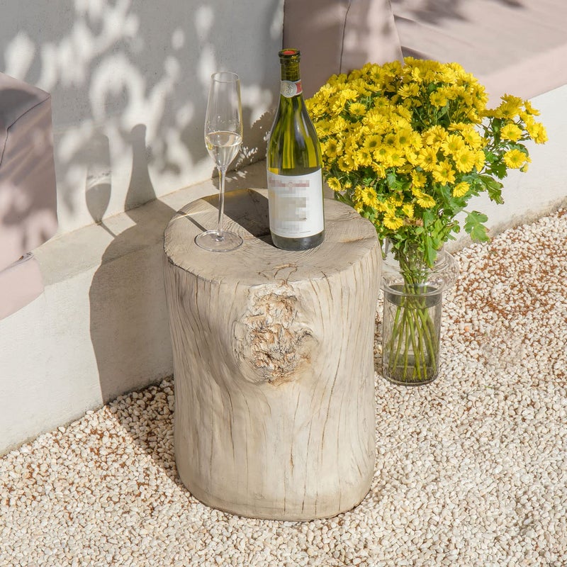 COSIEST Outdoor Antique Cream Side Table Faux Wood, Hand-Painted Wood Stump Stool, Ottomans, Plant Stand, Deck or Garden - Image 3