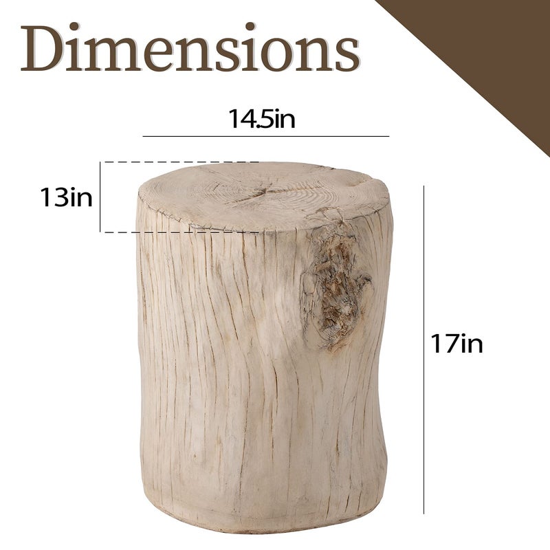 COSIEST Outdoor Antique Cream Side Table Faux Wood, Hand-Painted Wood Stump Stool, Ottomans, Plant Stand, Deck or Garden - Image 5