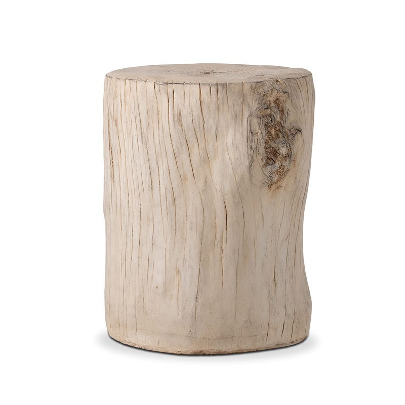 COSIEST Outdoor Antique Cream Side Table Faux Wood, Hand-Painted Wood Stump Stool, Ottomans, Plant Stand, Deck or Garden - Image 1