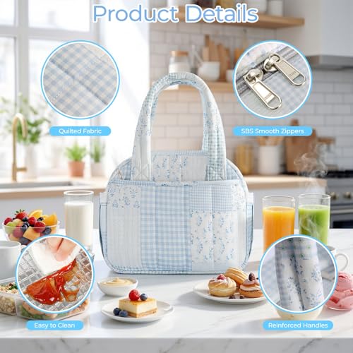 shiprabags Quilted Lunch Box for Women, Lightweight Insulated Lunch Bag, Cute Patchwork Lunch Tote for Work, Gym, Picnic,Travel, Office (Green Blue Pin, M) - Image 3
