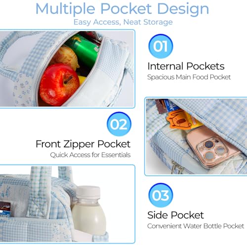shiprabags Quilted Lunch Box for Women, Lightweight Insulated Lunch Bag, Cute Patchwork Lunch Tote for Work, Gym, Picnic,Travel, Office (Green Blue Pin, M) - Image 4