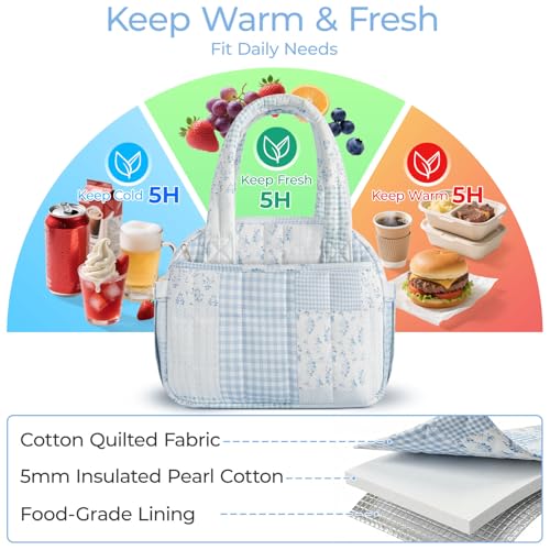 shiprabags Quilted Lunch Box for Women, Lightweight Insulated Lunch Bag, Cute Patchwork Lunch Tote for Work, Gym, Picnic,Travel, Office (Green Blue Pin, M) - Image 5