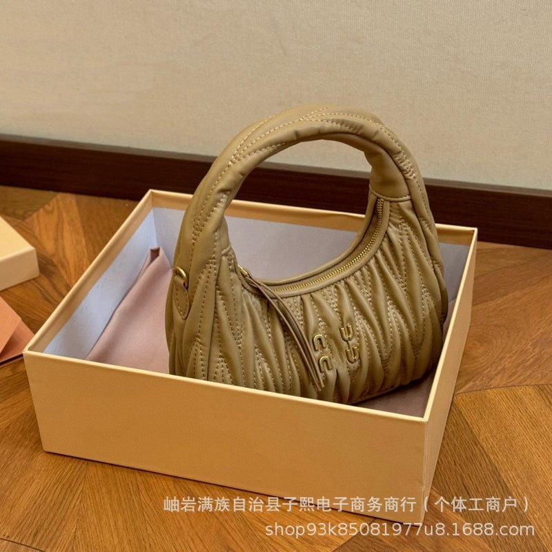 Fashion All-Match Fresh Sweet Style Pleated Soft Hand-Held Underarm Shoulder Crossbody Crescent Hobo Bag - Image 1
