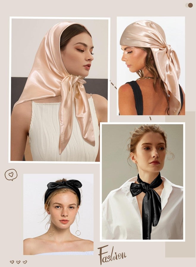 CHLINS 35” Large Head Scarf for Women Satin Head Scarf 2Pcs Square Silk Like Hair Scarf Bandanas Hair Wrapping Neck Scarf, Black+camel, One size - Image 4