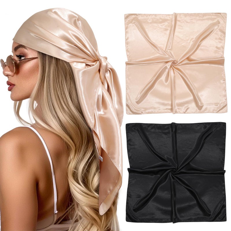 CHLINS 35” Large Head Scarf for Women Satin Head Scarf 2Pcs Square Silk Like Hair Scarf Bandanas Hair Wrapping Neck Scarf, Black+camel, One size - Image 1