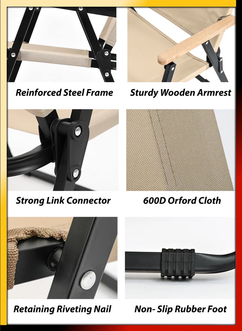 دي بلو كرسي تخييم خارجي قابل للطي مع مساند للذراعين بتصميم خشبي، كرسي شاطئ قابل للطي للتخييم والنزهات والصيد والفناء والحديقة والفناء الخلفي والشواء والحفلات الجانبية والاسترخاء وأثاث الجلوس المحمول - Image 2