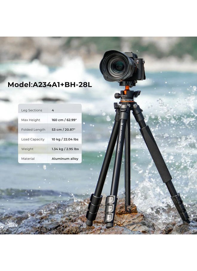 K&F Concept 62''/160cm Camera Tripod,Lightweight and Compact Super Portable Aluminum DSLR Tripod10KG Load Capacity Ball Head,Quick Release Plate for Travel and Work A234A1  - Image 2