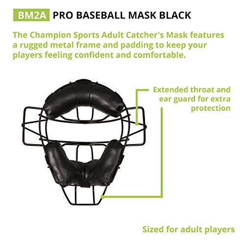 Champion Sports Pro Baseball Adult Mask - Umpires and Catchers - Extra Protection - Extended Guards - Adjustable Harness Baseball Mask - Adult Size,BLACK - Image 3