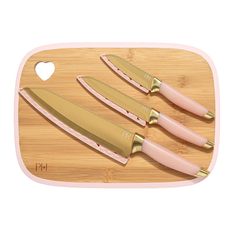 Paris Hilton Reversible Bamboo Cutting Board and Cutlery Set with Matching High Carbon Stainless Steel Knives Blade Guards Sleek Yet Comfortable Handle Grips 7Piece Set Gold Pink