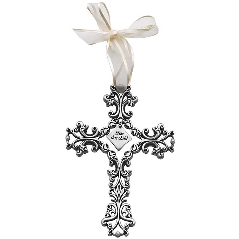Cathedral Art Cathedral Art Silver Abbey  CA Gift Bless This Child White Ribbon Baby Cross 5Inch High 