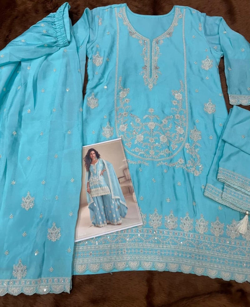 ANAITA Sky Chinon Free Size Stitched Suit with Embroidery & Sequence Work - Image 3