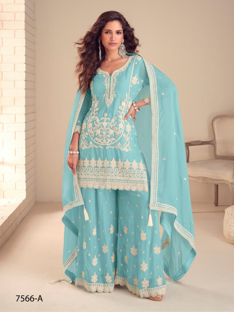 ANAITA Sky Chinon Free Size Stitched Suit with Embroidery & Sequence Work - Image 1