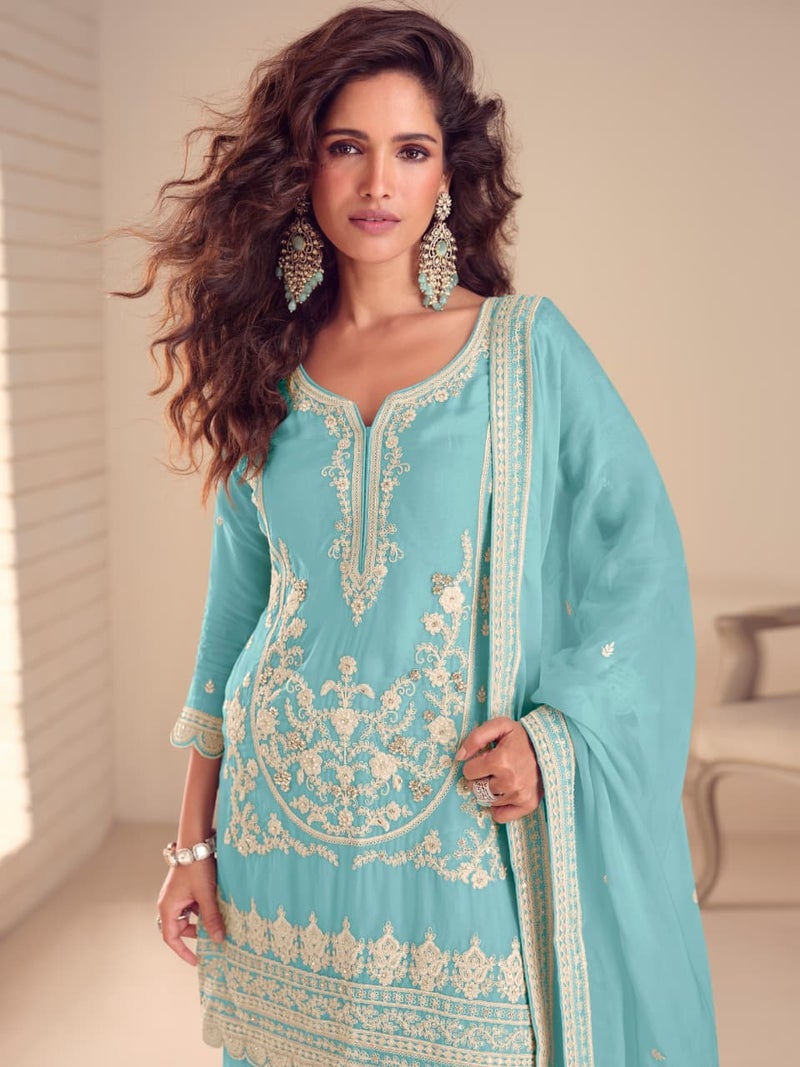ANAITA Sky Chinon Free Size Stitched Suit with Embroidery & Sequence Work - Image 2