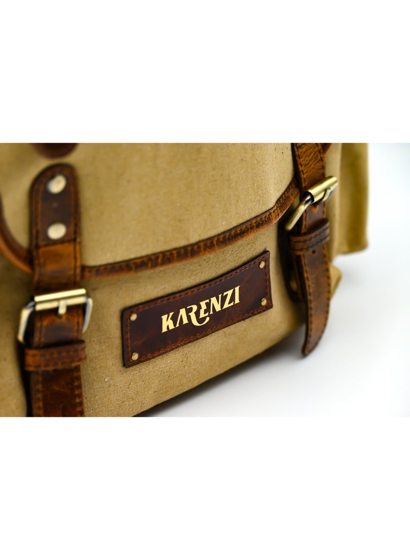 كارينزي حقيبة ظهر كارينزي إكسبيديشن من القماش العتيق والجلد الأص & GENUINE LEATHER RUCKSACK BACKPACK FOR TRAلي للسفر والمشي لمسافات طويلة والاستخدام اليومي - كاكي/بيج (تناسب كمبيوتر محمول يصل إلى 15.6 بوصة) - Image 4