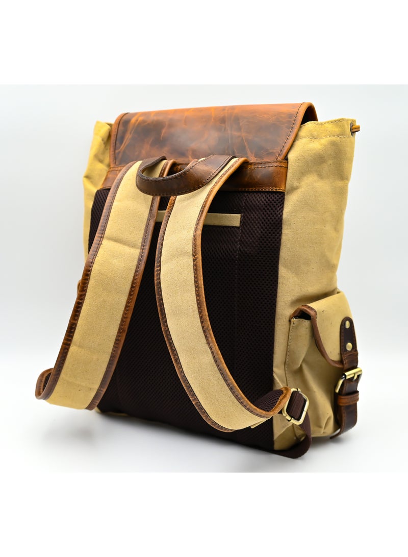 كارينزي حقيبة ظهر كارينزي إكسبيديشن من القماش العتيق والجلد الأص & GENUINE LEATHER RUCKSACK BACKPACK FOR TRAلي للسفر والمشي لمسافات طويلة والاستخدام اليومي - كاكي/بيج (تناسب كمبيوتر محمول يصل إلى 15.6 بوصة) - Image 2