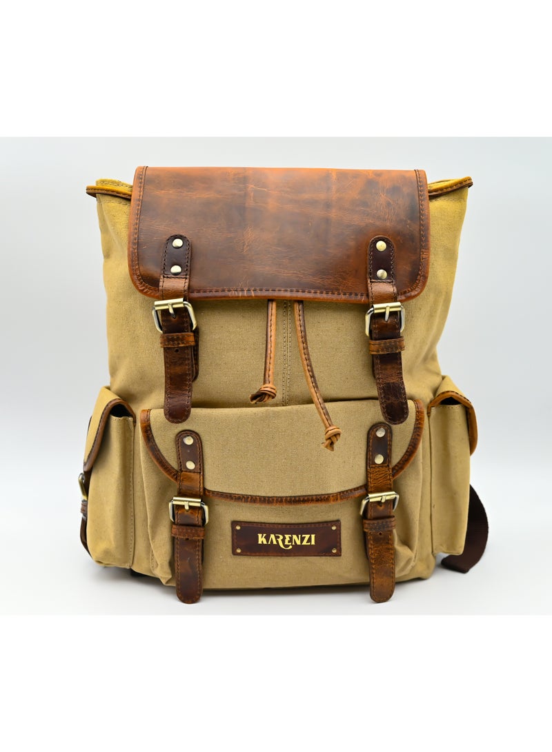 كارينزي حقيبة ظهر كارينزي إكسبيديشن من القماش العتيق والجلد الأص & GENUINE LEATHER RUCKSACK BACKPACK FOR TRAلي للسفر والمشي لمسافات طويلة والاستخدام اليومي - كاكي/بيج (تناسب كمبيوتر محمول يصل إلى 15.6 بوصة) - Image 1