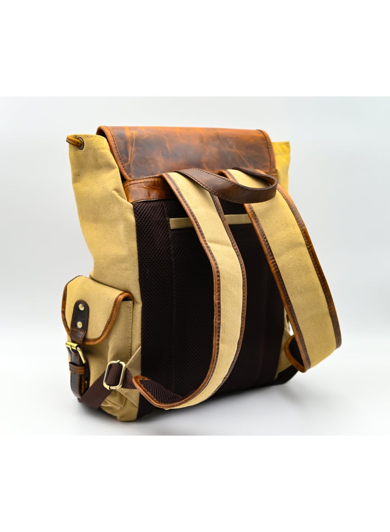 كارينزي حقيبة ظهر كارينزي إكسبيديشن من القماش العتيق والجلد الأص & GENUINE LEATHER RUCKSACK BACKPACK FOR TRAلي للسفر والمشي لمسافات طويلة والاستخدام اليومي - كاكي/بيج (تناسب كمبيوتر محمول يصل إلى 15.6 بوصة) - Image 3