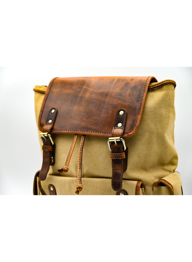 كارينزي حقيبة ظهر كارينزي إكسبيديشن من القماش العتيق والجلد الأص & GENUINE LEATHER RUCKSACK BACKPACK FOR TRAلي للسفر والمشي لمسافات طويلة والاستخدام اليومي - كاكي/بيج (تناسب كمبيوتر محمول يصل إلى 15.6 بوصة) - Image 5