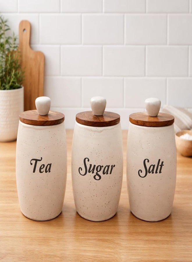 Decor Doers Ceramic Kitchen Canisters Set of 3 (400g Each), White Matte Airtight Storage Jars with Bamboo Lids & Wooden Spoons, Tea Sugar Salt Containers, Modern Farmhouse Countertop Kitchen Organizer - Image 1