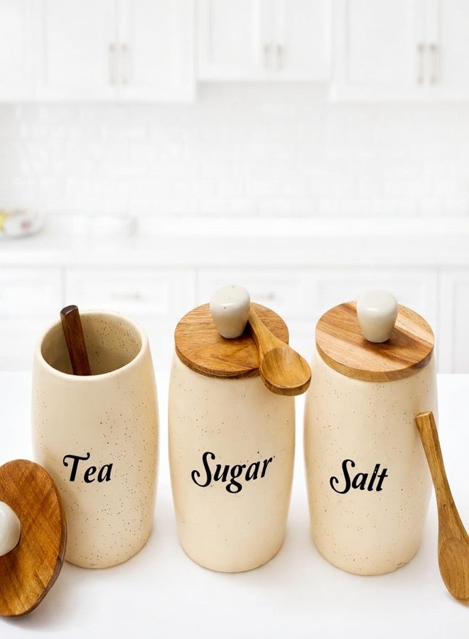Decor Doers Ceramic Kitchen Canisters Set of 3 (400g Each), White Matte Airtight Storage Jars with Bamboo Lids & Wooden Spoons, Tea Sugar Salt Containers, Modern Farmhouse Countertop Kitchen Organizer - Image 2