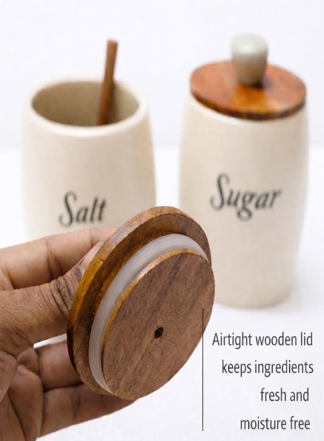 Decor Doers Ceramic Kitchen Canisters Set of 3 (400g Each), White Matte Airtight Storage Jars with Bamboo Lids & Wooden Spoons, Tea Sugar Salt Containers, Modern Farmhouse Countertop Kitchen Organizer - Image 3