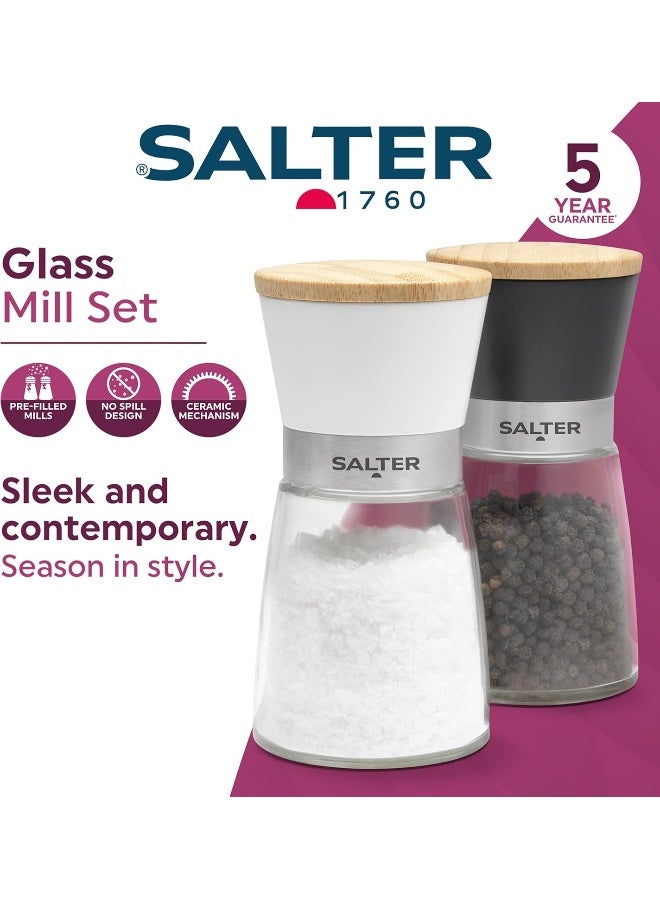 Salter Glass Mill Set – Pre-Filled Salt & Pepper Mills, Spice Mills with Ceramic Mechanism, No-Spill Design, Twist to Grind Universal Mechanism, Glass Body with Monochrome Finish - Image 2