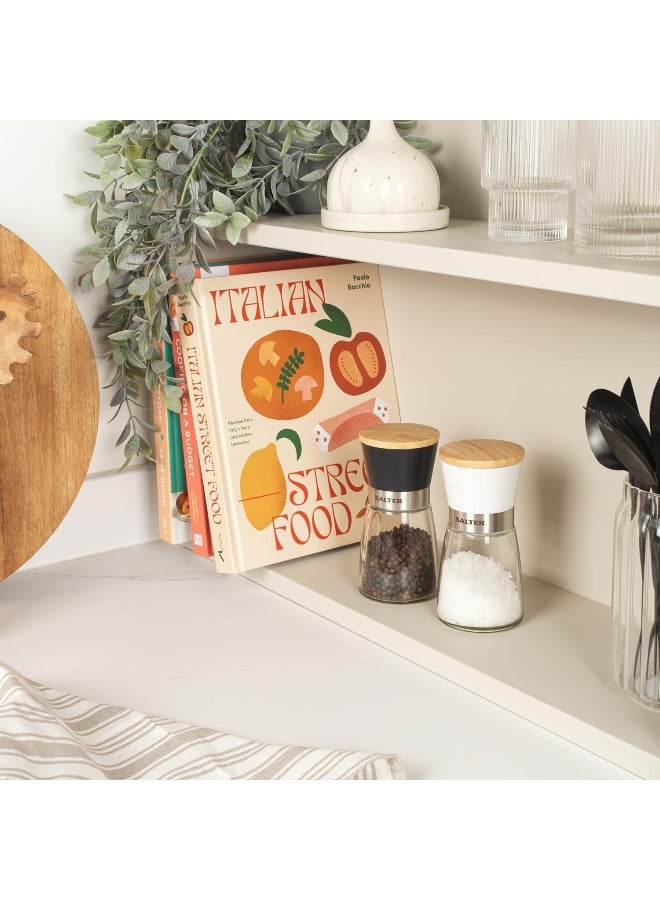 Salter Glass Mill Set – Pre-Filled Salt & Pepper Mills, Spice Mills with Ceramic Mechanism, No-Spill Design, Twist to Grind Universal Mechanism, Glass Body with Monochrome Finish - Image 5