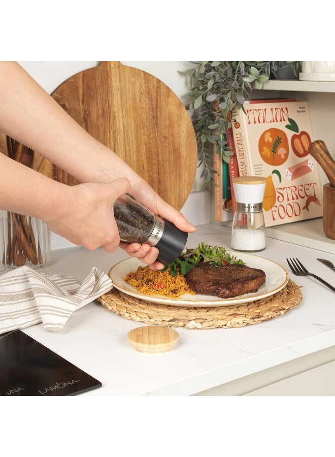 Salter Glass Mill Set – Pre-Filled Salt & Pepper Mills, Spice Mills with Ceramic Mechanism, No-Spill Design, Twist to Grind Universal Mechanism, Glass Body with Monochrome Finish - Image 4