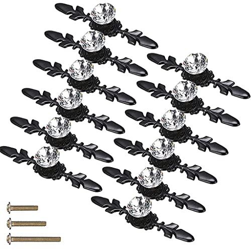 ESreake 12 Pack Black Diamond Clear Crystal Glass Decorative Knobs with PlateDrawer Dresser Knobs Pulls Handles with 3 Kinds of Screws for Kitchen Bathroom Office 12 Pack Small Black - Image 1