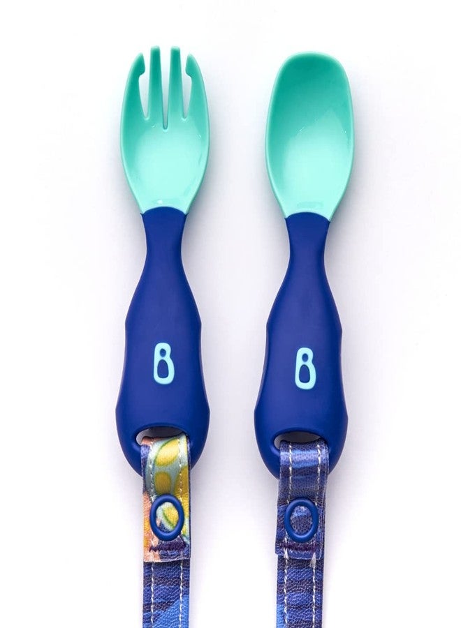 Bibado Handi Cutlery Set for Babies | Self-Feeding Easy-Grip Spoon & Fork Set with Attachable Straps - Ocean Cartoon Print (Pack of 2) - Image 1