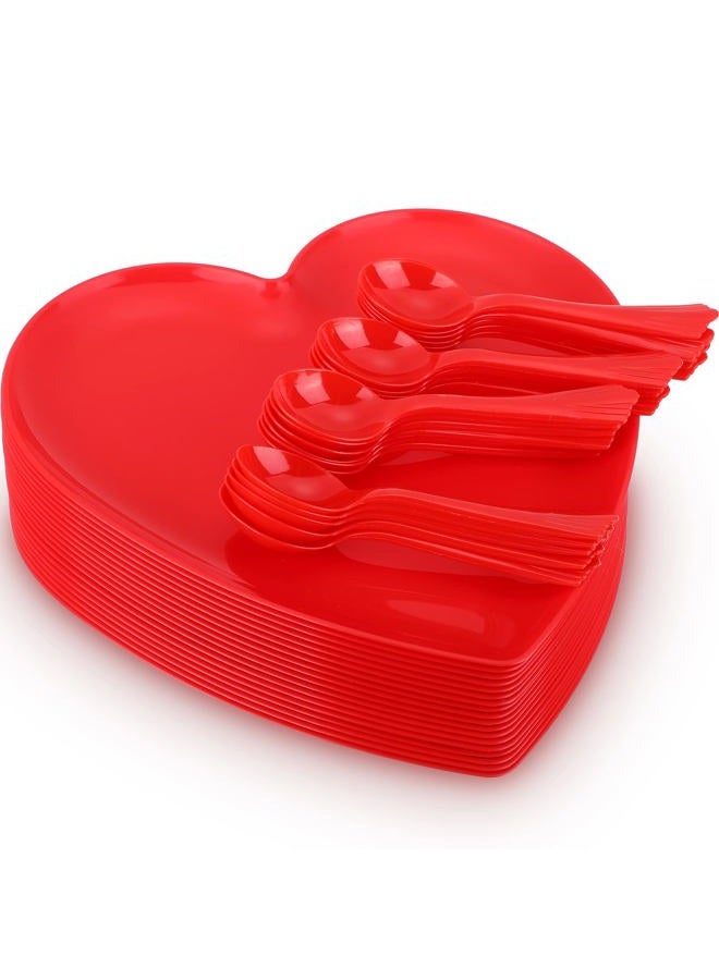 Layhit 38 Pcs Valentines Heart Shaped Plates Spoon Set Include 18 Pcs 10 Inch Valentines Day Heart Shaped Food Tray 20 Pcs Plastic Spoon Salad Dessert Plate for Valentines Party Supplies(Red) - Image 1