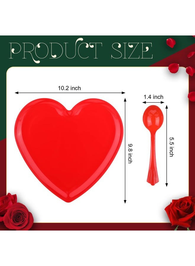 Layhit 38 Pcs Valentines Heart Shaped Plates Spoon Set Include 18 Pcs 10 Inch Valentines Day Heart Shaped Food Tray 20 Pcs Plastic Spoon Salad Dessert Plate for Valentines Party Supplies(Red) - Image 3
