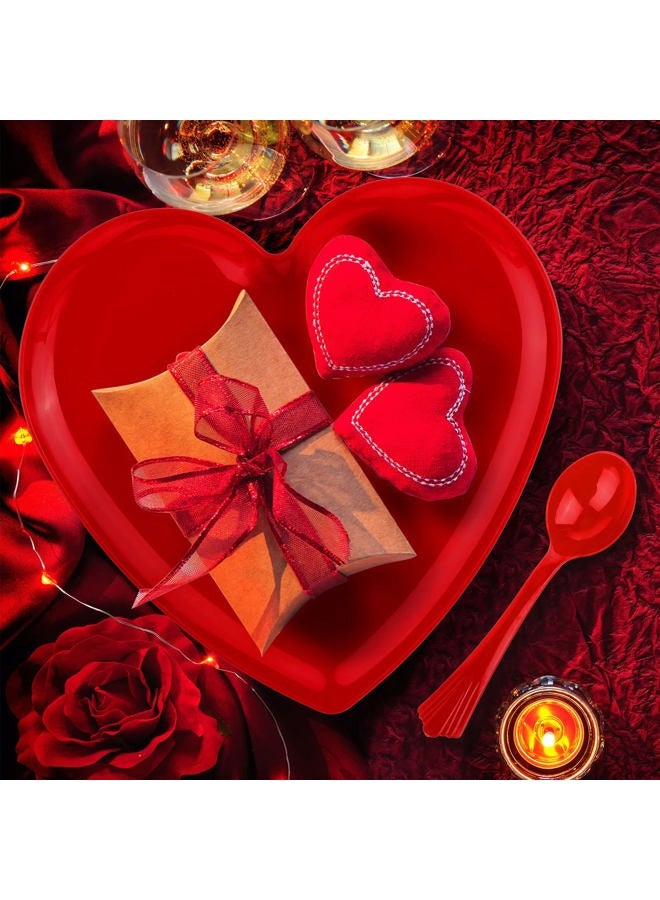 Layhit 38 Pcs Valentines Heart Shaped Plates Spoon Set Include 18 Pcs 10 Inch Valentines Day Heart Shaped Food Tray 20 Pcs Plastic Spoon Salad Dessert Plate for Valentines Party Supplies(Red) - Image 2