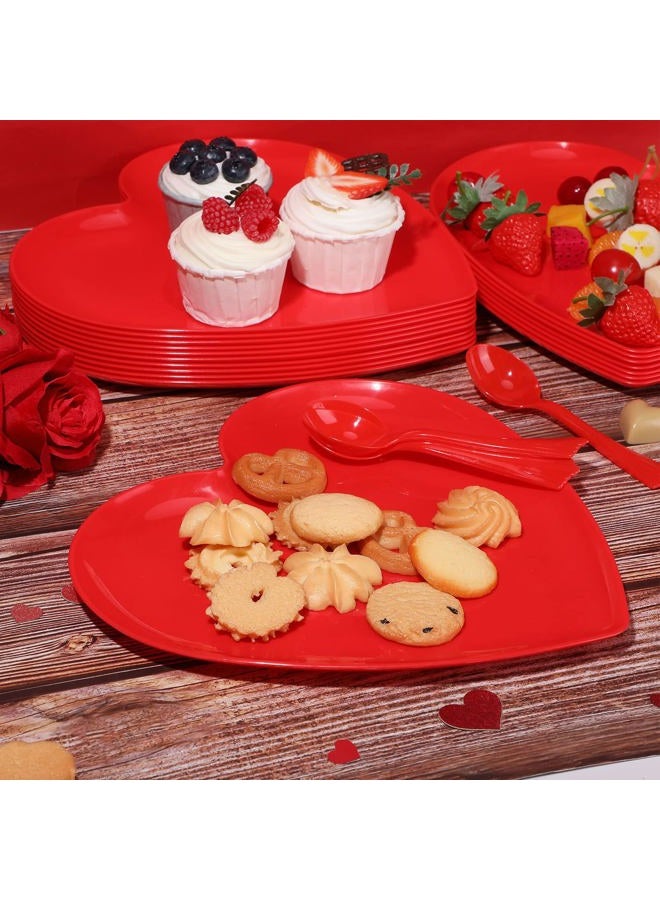 Layhit 38 Pcs Valentines Heart Shaped Plates Spoon Set Include 18 Pcs 10 Inch Valentines Day Heart Shaped Food Tray 20 Pcs Plastic Spoon Salad Dessert Plate for Valentines Party Supplies(Red) - Image 5