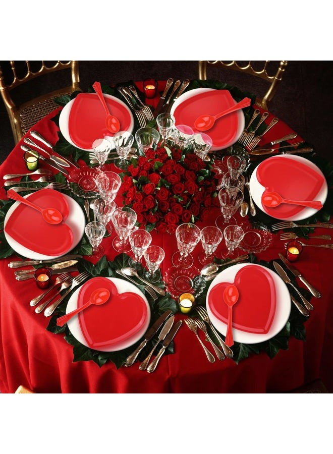 Layhit 38 Pcs Valentines Heart Shaped Plates Spoon Set Include 18 Pcs 10 Inch Valentines Day Heart Shaped Food Tray 20 Pcs Plastic Spoon Salad Dessert Plate for Valentines Party Supplies(Red) - Image 4