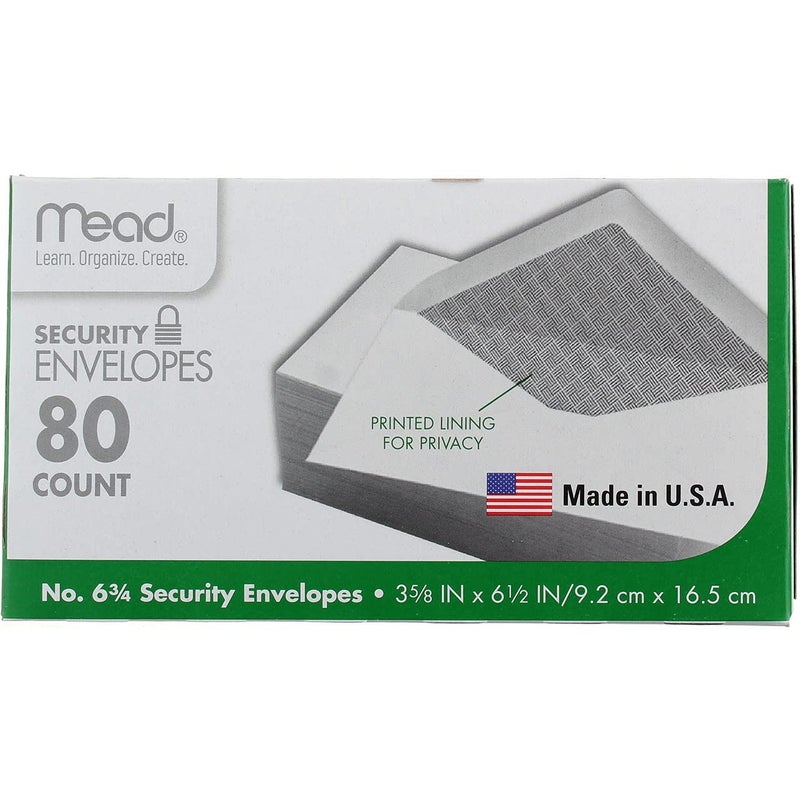 Mead #6-3/4 Envelopes, Security Printed Lining for Privacy, Gummed Closure, 3-5/8" x 6-1/2", All-Purpose 20-lb Paper, White, 80 per Box (75212) - Image 1