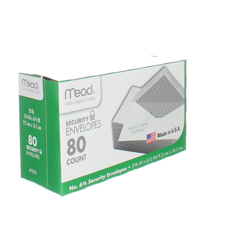 Mead #6-3/4 Envelopes, Security Printed Lining for Privacy, Gummed Closure, 3-5/8" x 6-1/2", All-Purpose 20-lb Paper, White, 80 per Box (75212) - Image 5