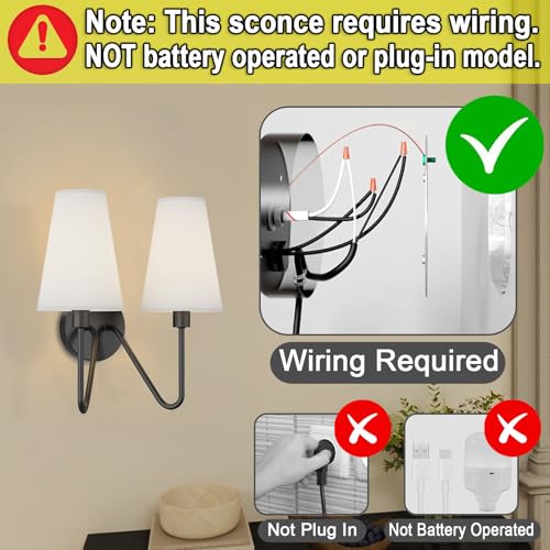 Electro bp;Double Head Classic 2 Lights Wall Sconces Lighting Fixture Black with Cream White Linen Fabric Lamp Shades E12 80W Hardwired; - Image 3