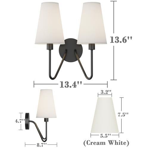 Electro bp;Double Head Classic 2 Lights Wall Sconces Lighting Fixture Black with Cream White Linen Fabric Lamp Shades E12 80W Hardwired; - Image 5