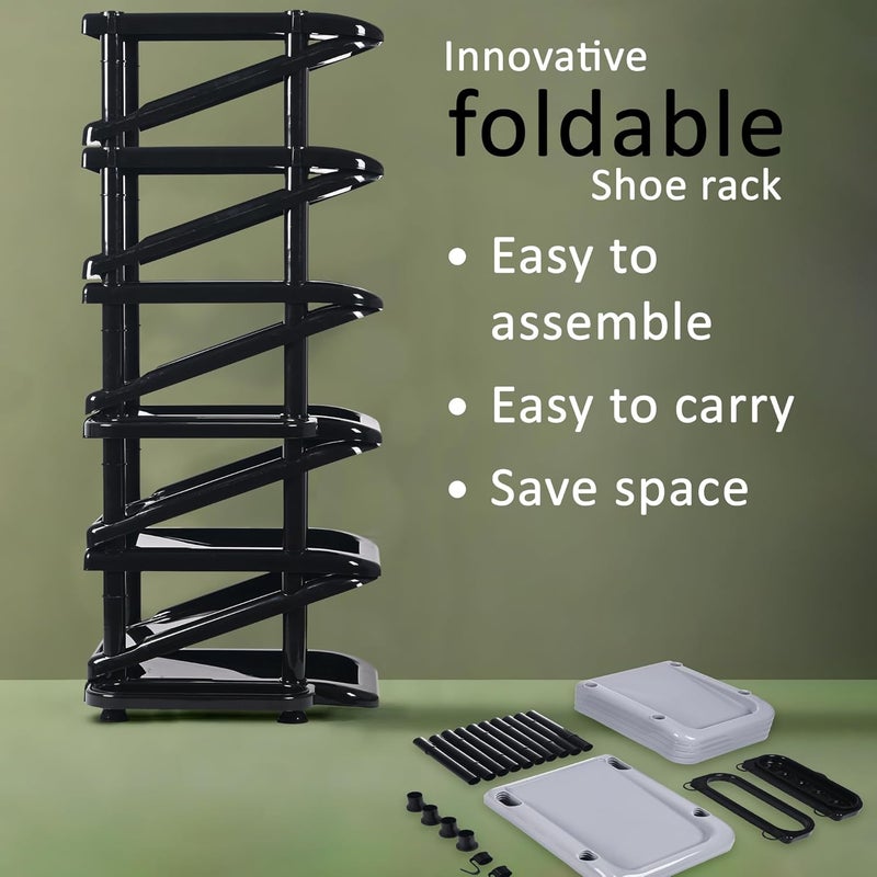 Kuber Industries Kuber Industries Stackable 6 Tier Plastic Shoe Stand with Side Hooks Foldable Slipper and Shoes Racks for Home and Office SpaceSaving Corner Foot Stand for Entryway Tower Black  - Image 5
