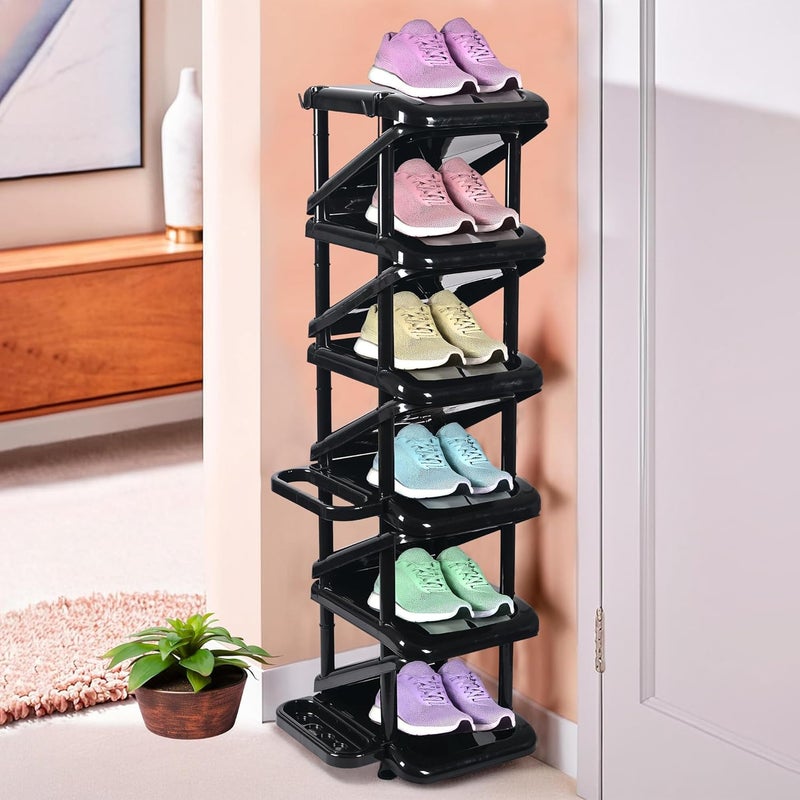 Kuber Industries Kuber Industries Stackable 6 Tier Plastic Shoe Stand with Side Hooks Foldable Slipper and Shoes Racks for Home and Office SpaceSaving Corner Foot Stand for Entryway Tower Black  - Image 1