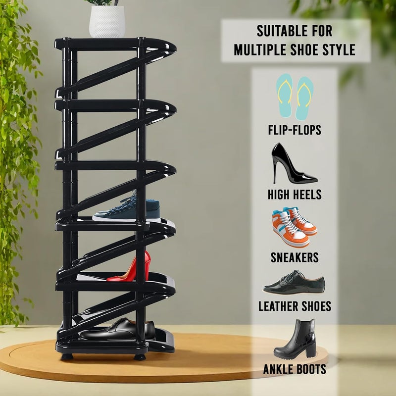 Kuber Industries Kuber Industries Stackable 6 Tier Plastic Shoe Stand with Side Hooks Foldable Slipper and Shoes Racks for Home and Office SpaceSaving Corner Foot Stand for Entryway Tower Black  - Image 4