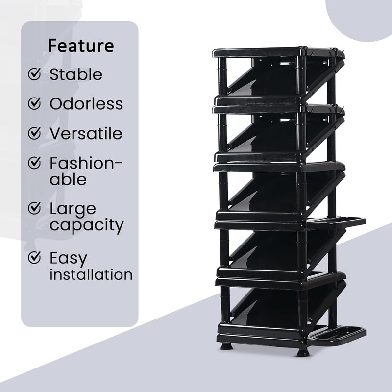 Kuber Industries Kuber Industries Stackable 6 Tier Plastic Shoe Stand with Side Hooks Foldable Slipper and Shoes Racks for Home and Office SpaceSaving Corner Foot Stand for Entryway Tower Black  - Image 3
